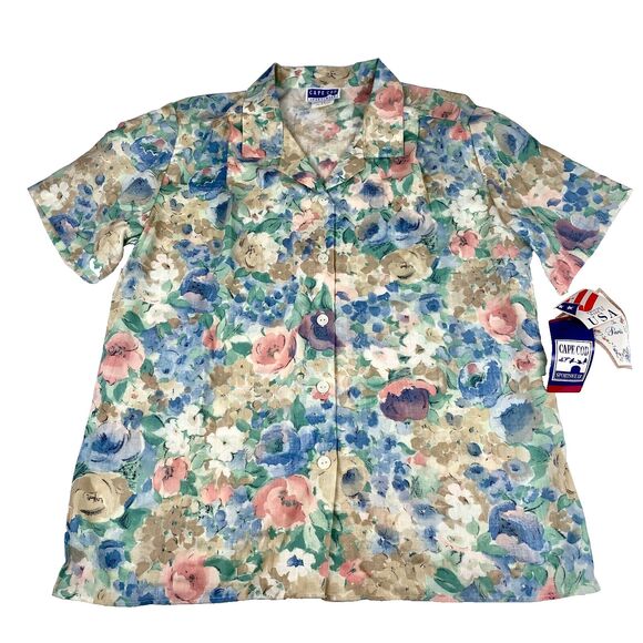 VTG 90s Cape Cod Sportswear Womens Shirt Sz 14 Floral Button Up SS USA NWT - Picture 1 of 10